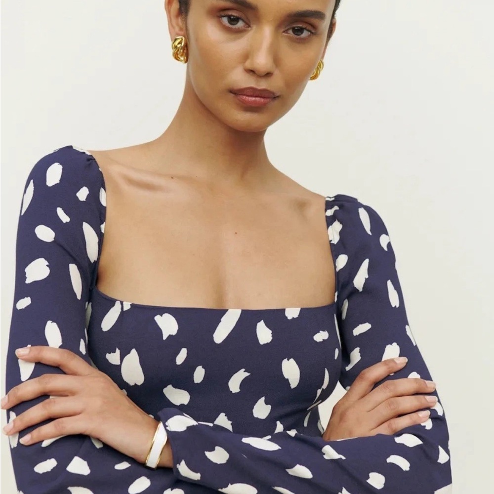 Reformation sigmund midi Navy and White Long Sleeve Dres - Picture 6 of 12